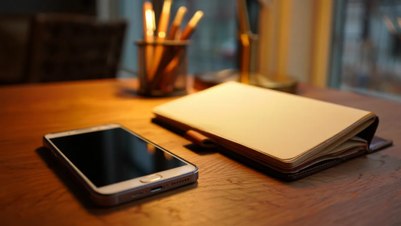 Professional communication setup with phone and notebook on desk